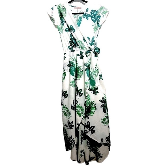 WOMENS TROPICAL PRINT FLORAL HI LOW WRAP DRESS W/ FLUTTER SLEEVES SIZE S - Picture 1 of 11